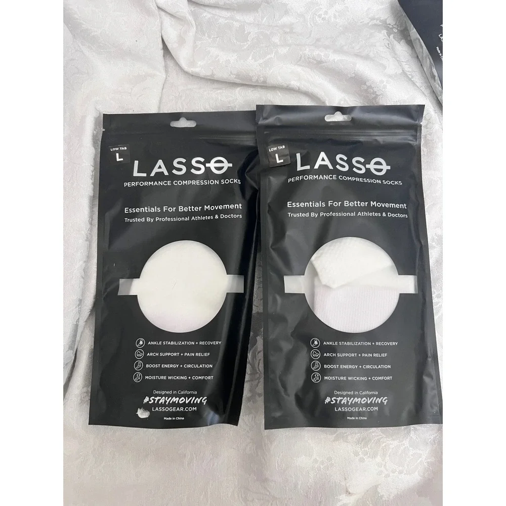 Lasso Performance Compression Socks Low Tab White Black Large Ankle Support 2pk